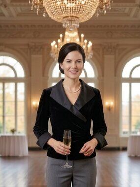 Xscape By Joanna Chen Black Satin and Velvet Blouse